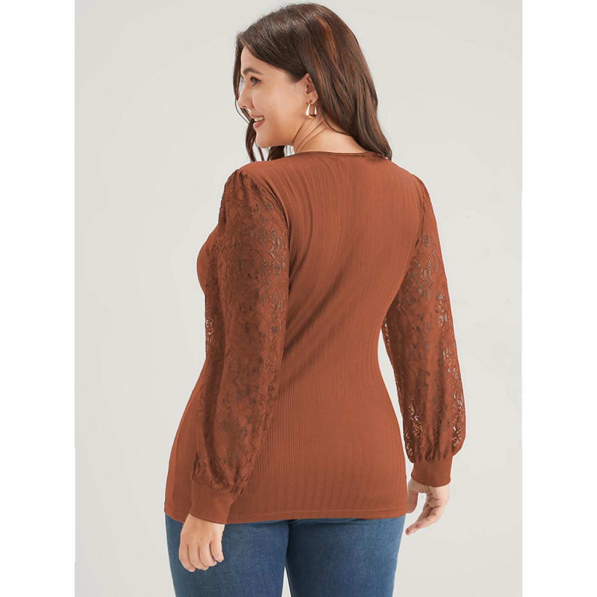 Plus Size Solid Rib Knit Contrast Lace Lantern Sleeve Long Tee Chocolate Women Elegant Plain Plain V-neck Dailywear T-shirts BloomChic 18-20/2X Product Image