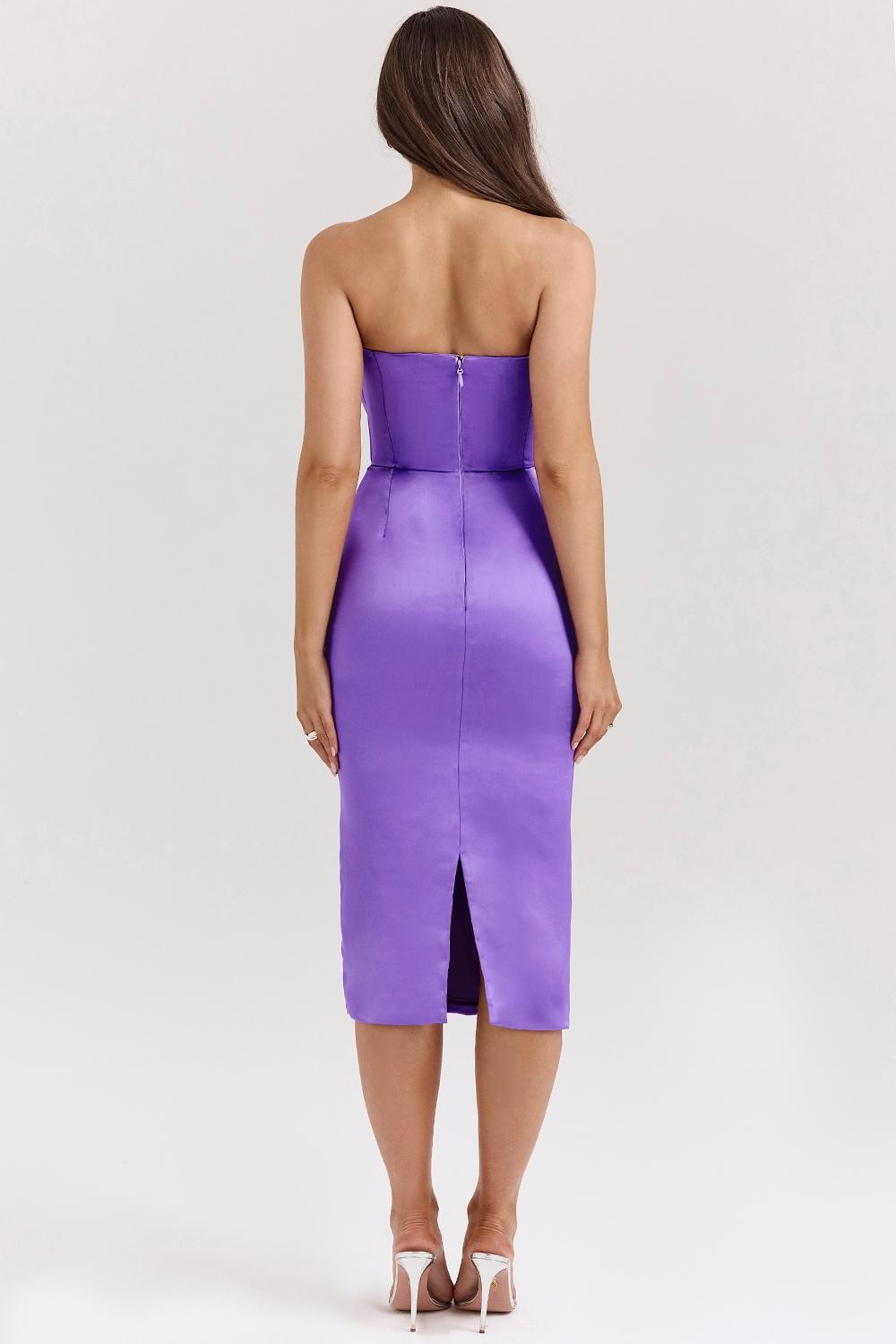 Santana  violet satin strapless corset midi dress Product Image