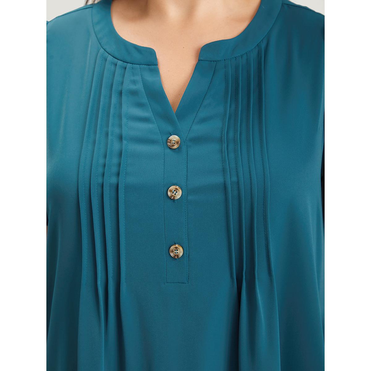 Plus Size Solid Pleated Front Button Detail Notched Ruffle Sleeve Dress Aegean Women Elegant Pleated Notched collar Short sleeve Curvy Knee Dress BloomChic 22-24/3X Product Image