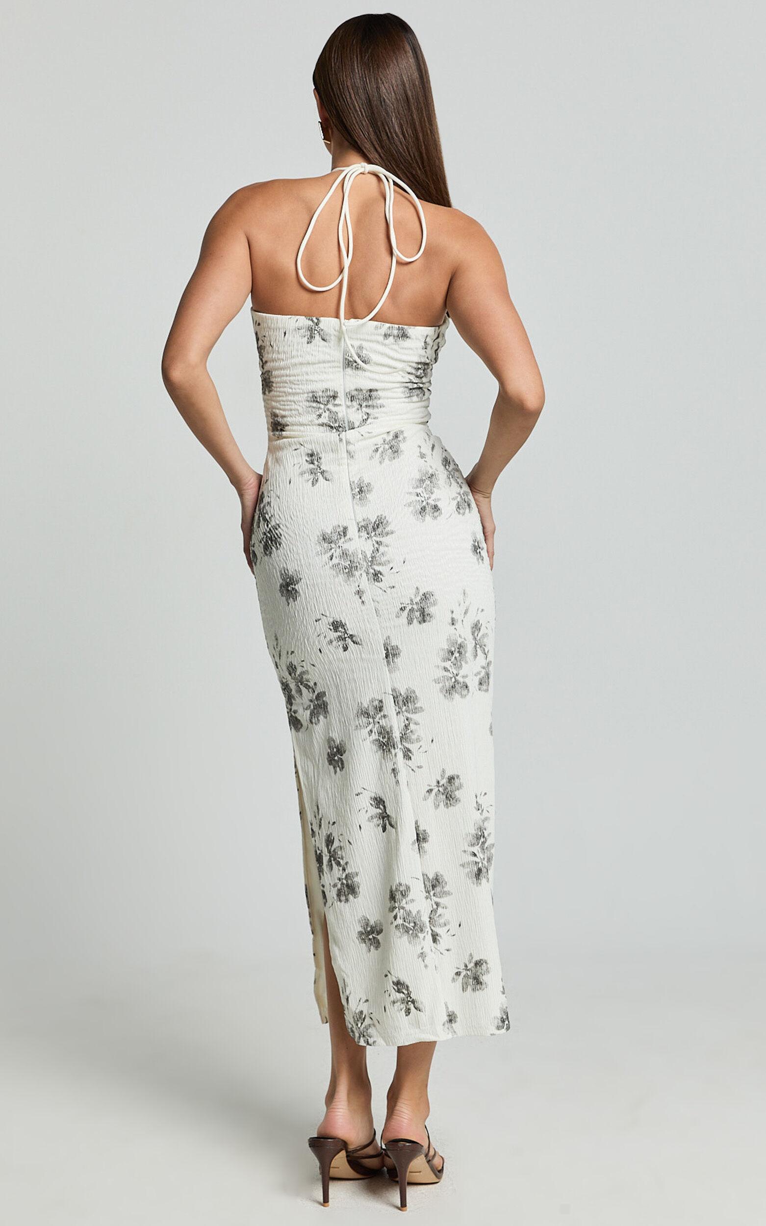 Evaline Midi Dress - Halter Neck Cut Out Front Slip Dress in Black and White Floral Product Image