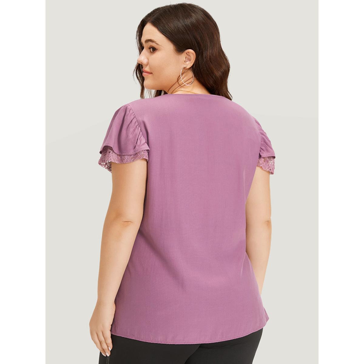 Plus Size Mauve Supersoft Essentials Solid Guipure Lace V Neck Twist Front Blouse Women Elegant Cap Sleeve V-neck Dailywear Blouses BloomChic 10/M Product Image