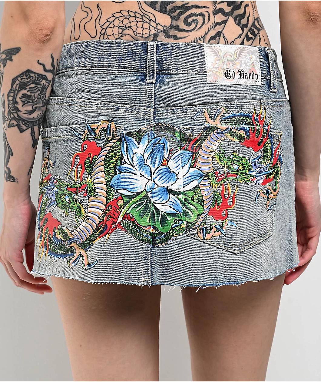 Ed Hardy Dragon Light Blue Cutoff Denim Mini Skirt Product Image