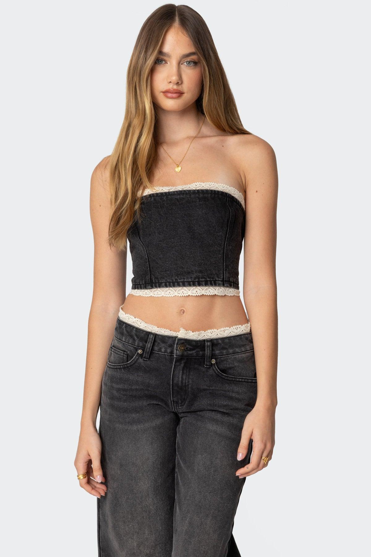 Karlie Lace Trim Denim Tube Top Product Image