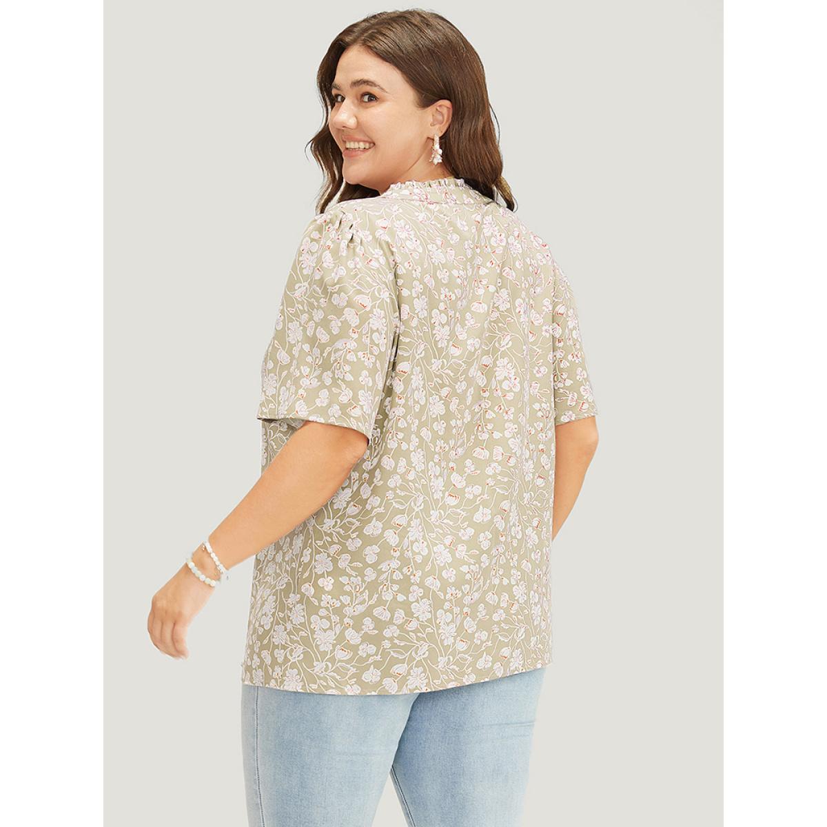 Plus Size Apricot Ditsy Floral Button Up Frill Trim Notched Blouse Women Elegant Short sleeve Notched collar Dailywear Blouses BloomChic 26/4X Product Image