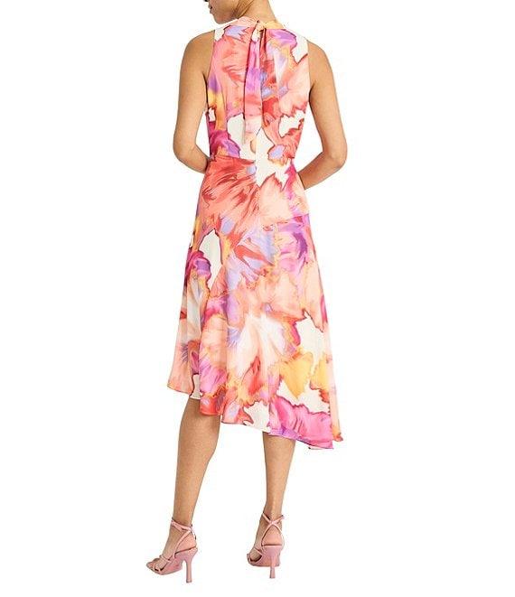 Maggy London Georgette Watercolor Print Mock Neck Sleeveless Asymmetrical Hem Sheath Midi Dress Product Image