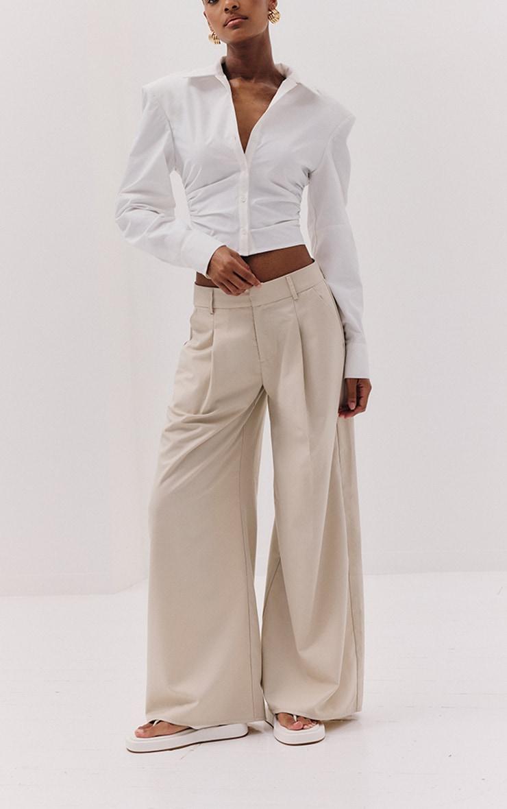 Ecru Woven Double Pleat Wide Leg Pant Product Image