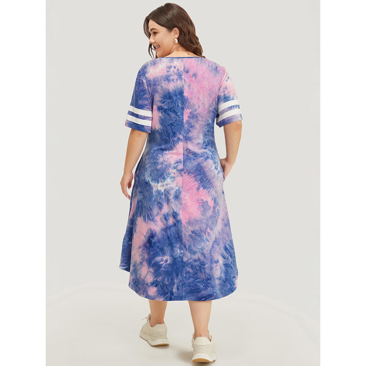 Plus Size Tie Dye & Striped Button Detail Pocket Arc Hem Dress Blue Women Casual Printed V-neck Short sleeve Curvy Midi Dress BloomChic 30/6X Product Image