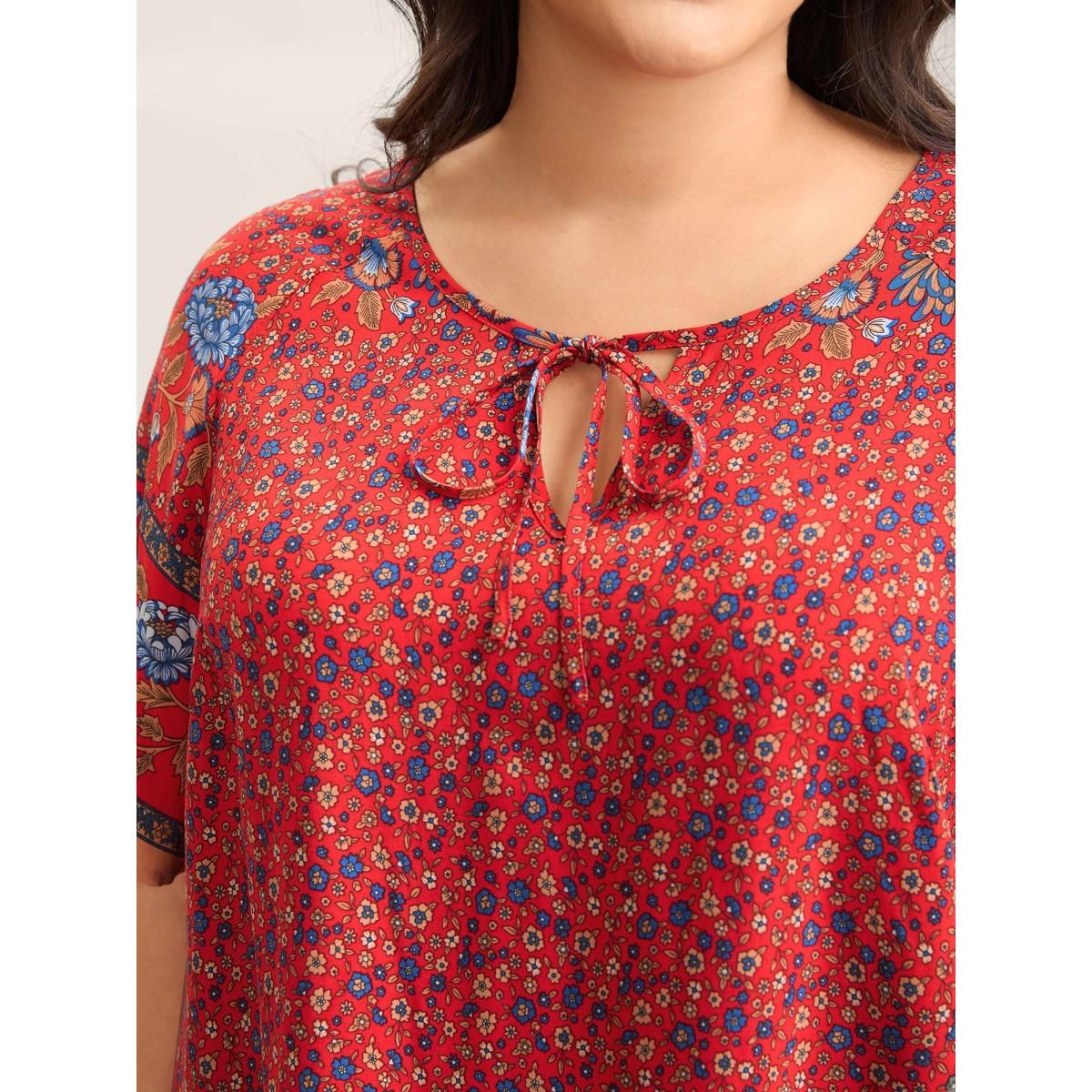 Plus Size Raspberry Floral Print Neck Tie Half Sleeve Blouse Women Boho Short sleeve Notched collar Vacation Blouses BloomChic 10/M Product Image