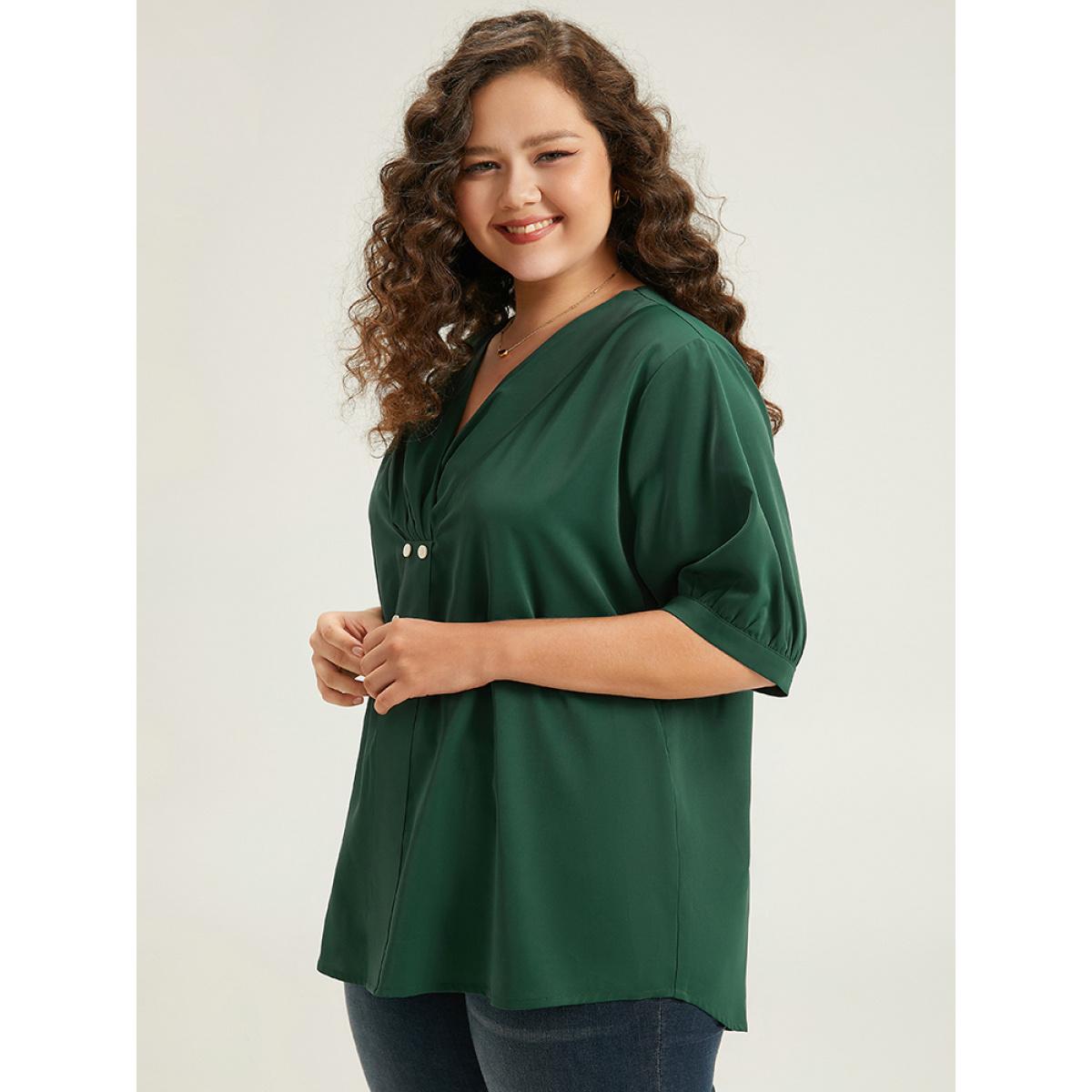 Plus Size DarkGreen Button Detail Plicated Detail Blouse Women Office Half Sleeve V-neck Work Blouses BloomChic 30/6X Product Image