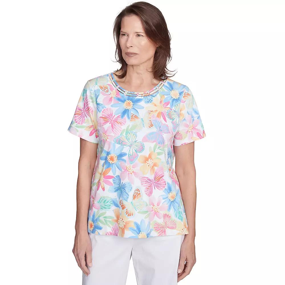 Petite Alfred Dunner Spring Butterfly Crew Neck Top, Women's,  Product Image