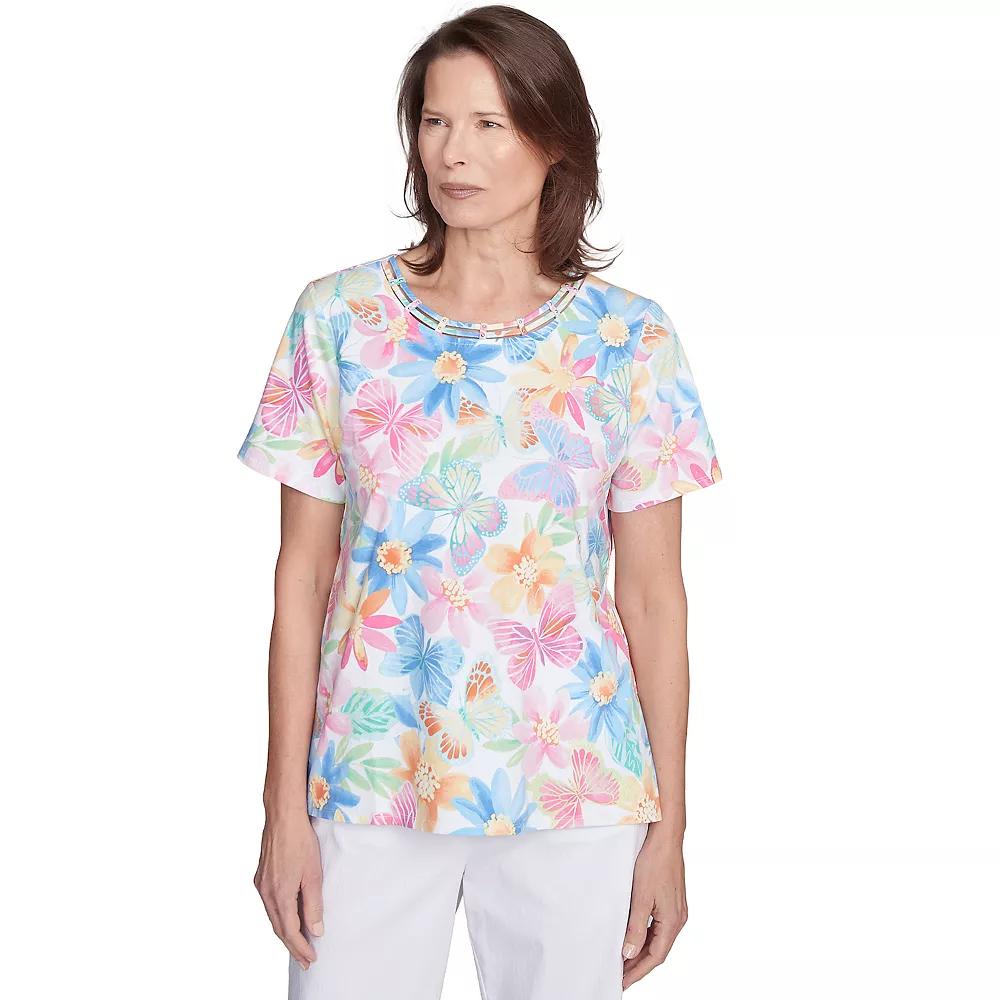 Petite Alfred Dunner Spring Butterfly Crew Neck Top, Women's,  Product Image