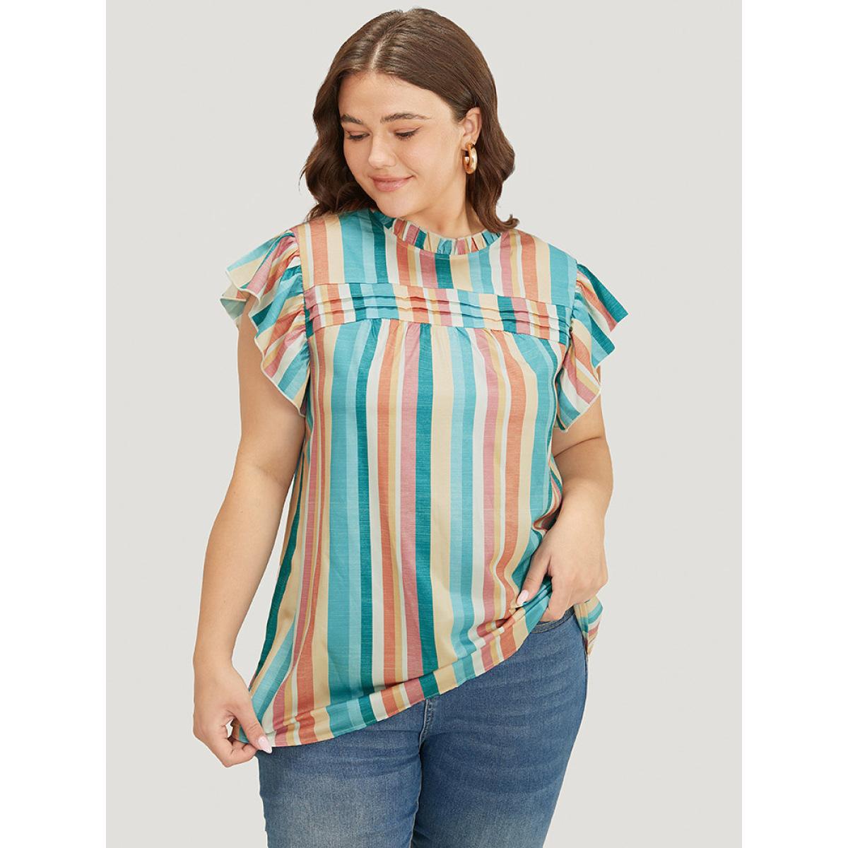 Plus Size Turquoise Striped Contrast Pleated Cap Sleeve Keyhole Frill Trim Blouse Women Vacation Cap Sleeve Mock Neck Dailywear Blouses BloomChic 10/M Product Image