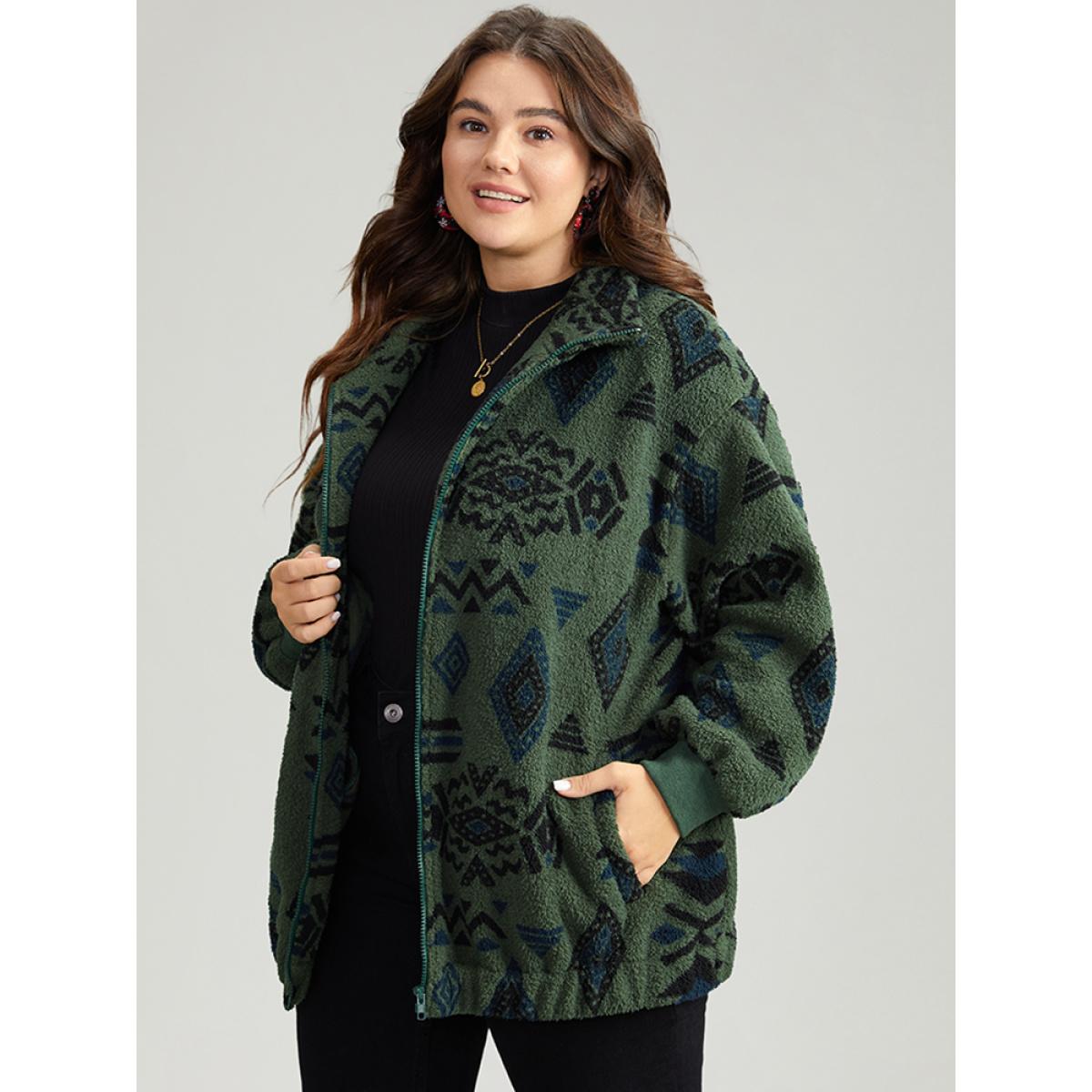 Plus Size Geometric Pocket Gathered Zipper Jacket Women Green Zipper Pocket Casual Jackets BloomChic 18-20/2X Product Image