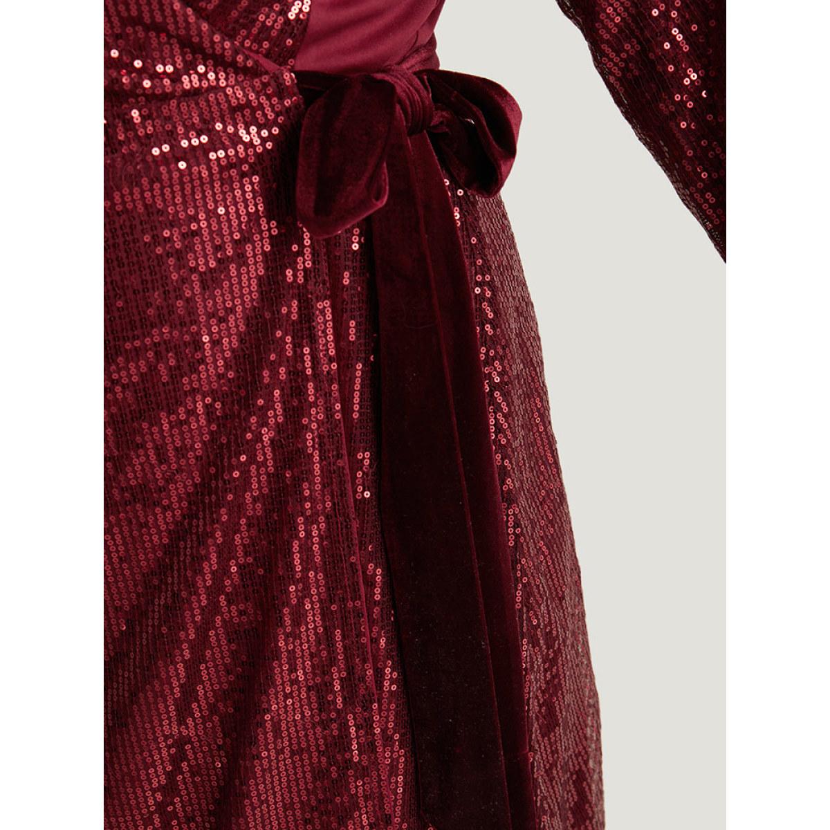 Plus Size Sequin Ties Side Surplice Neck Lantern Sleeve Dress Scarlet Women Cocktail Elastic cuffs V-neck Long Sleeve Curvy Knee Dress BloomChic 10/M Product Image