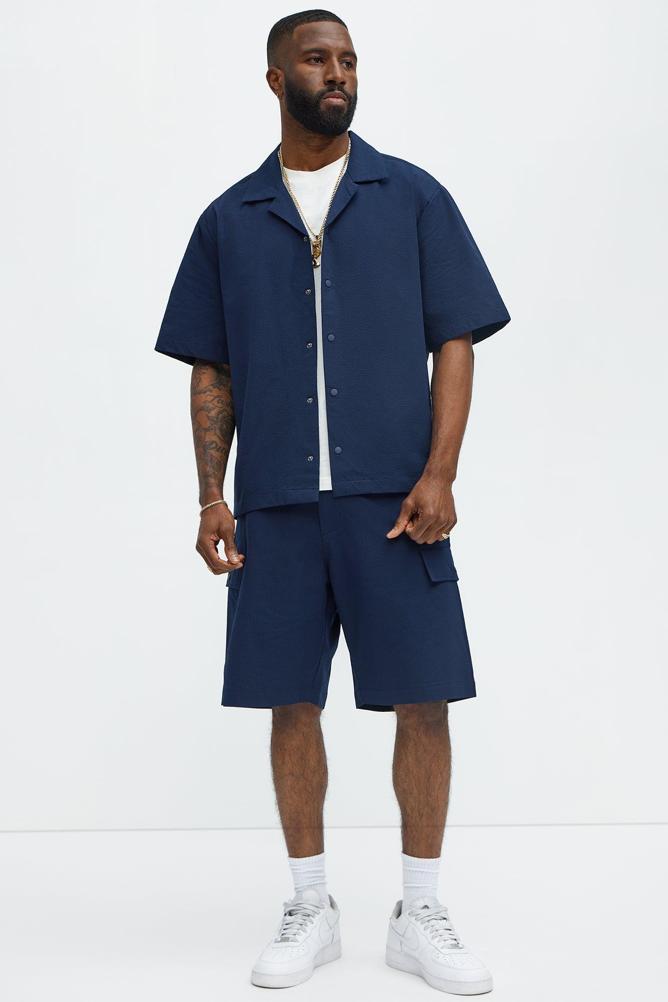 Seersucker Cargo Shorts - Navy Product Image