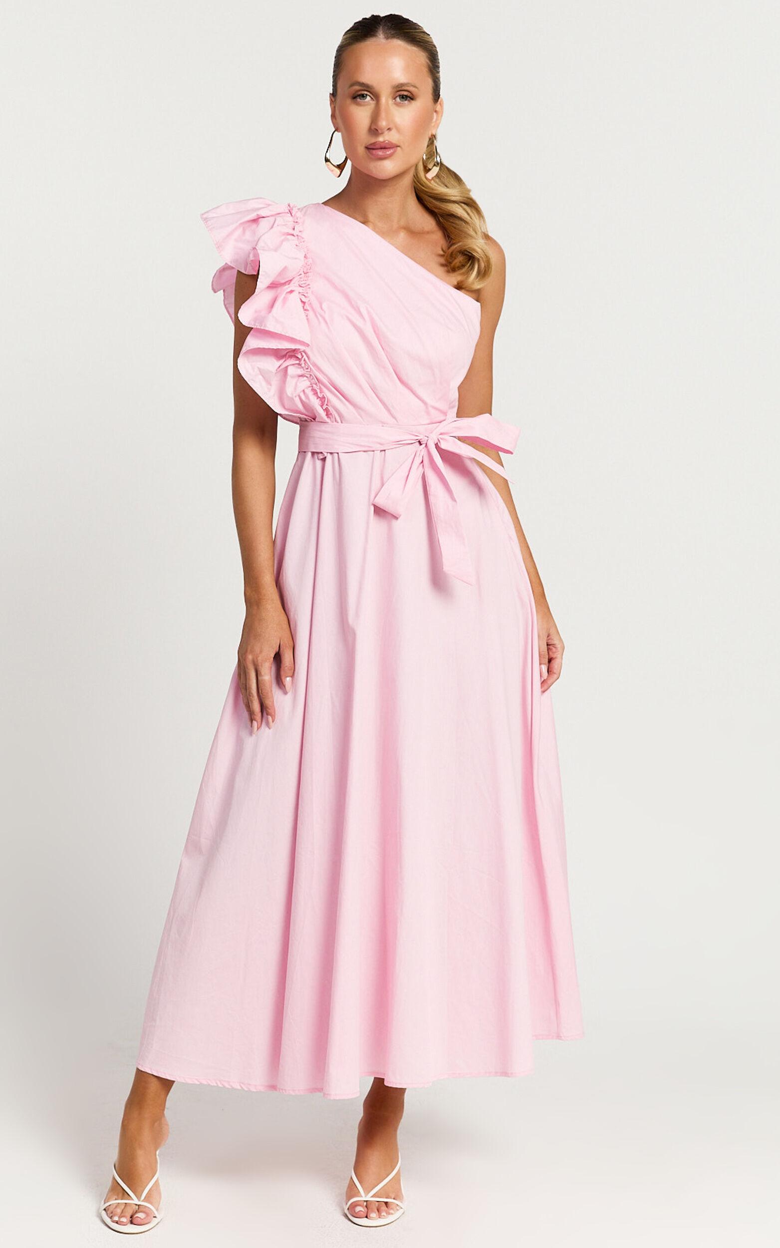 Almeida Midi Dress - One Shoulder Ruffle Detail Belted Dress in Pink Product Image