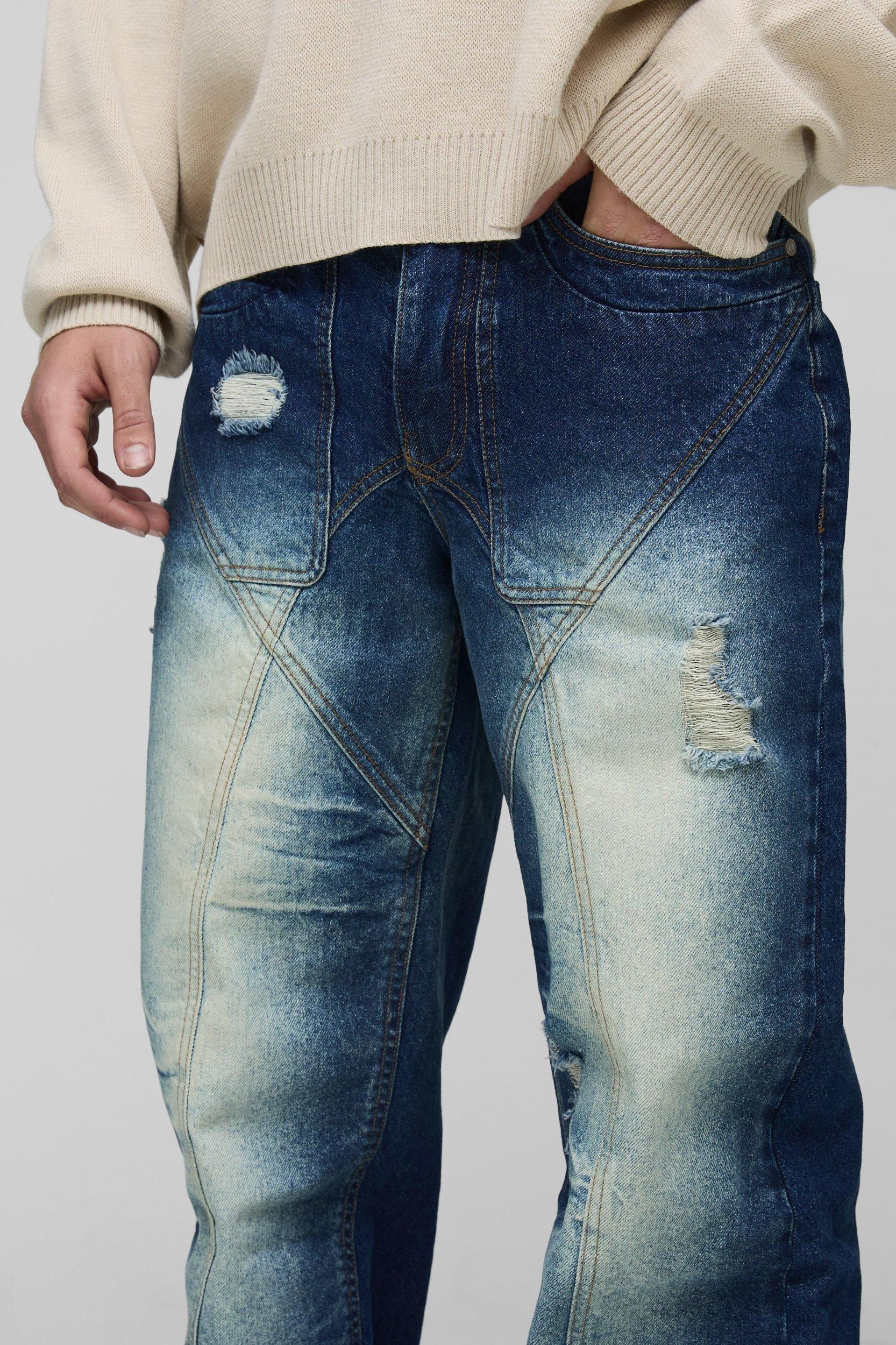 Relaxed Rigid Distressed Panelled Crinkle Wash Denim Jeans | boohooMAN USA Product Image