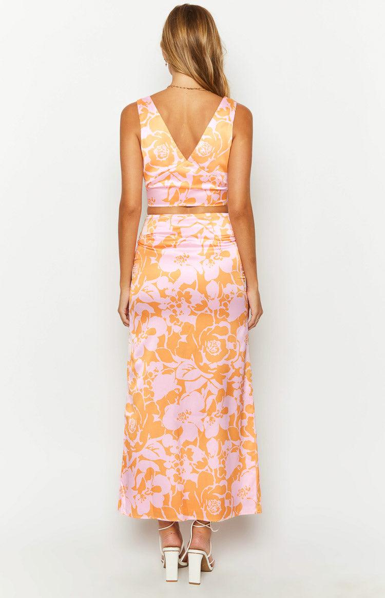 Dahlia Orange And Pink Floral Print Maxi Skirt Product Image