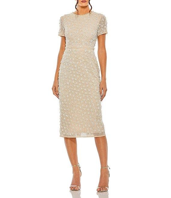 Mac Duggal Round Neck Short Sleeve Embellished Sheath Midi Dress Product Image