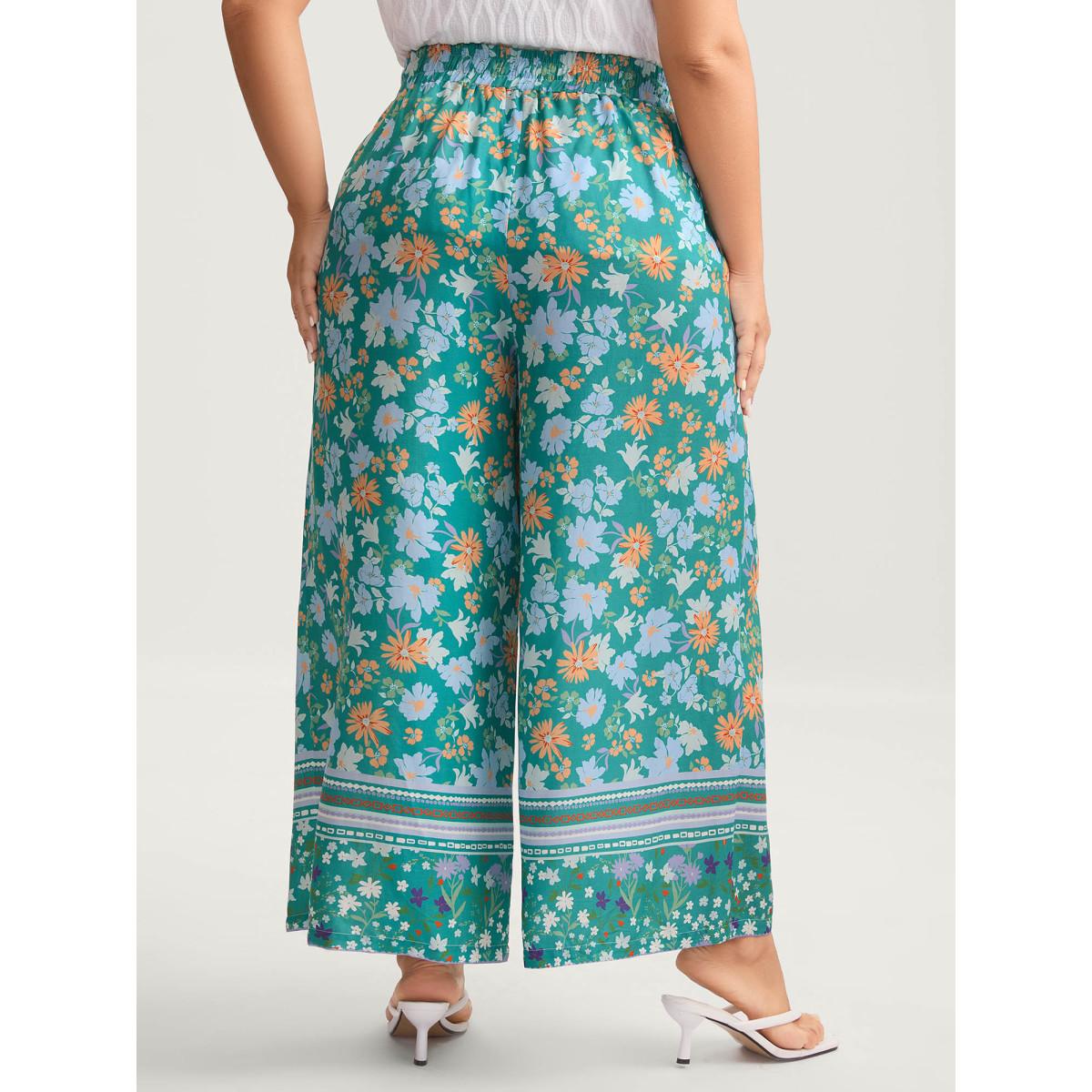 Plus Size Breezy Floral Print Wide-Leg Pants Women Turquoise Elegant Wide Leg Mid Rise Everyday-Elegant Pants BloomChic 28/5X Product Image