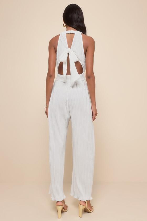 Flawless Mindset Ivory Satin Plisse Tie-Back Jumpsuit Product Image