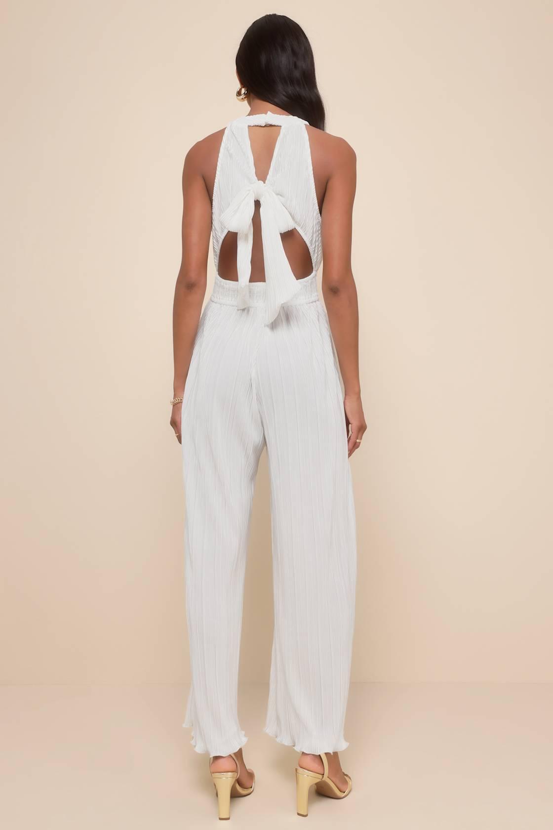 Flawless Mindset Ivory Satin Plisse Tie-Back Jumpsuit Product Image