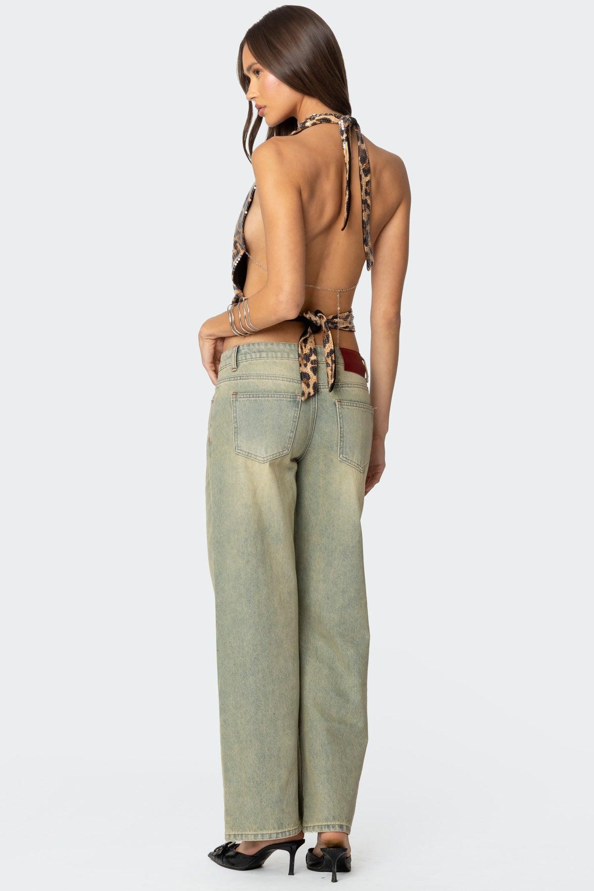 Sequin Leopard Printed Cowl Neck Top Product Image