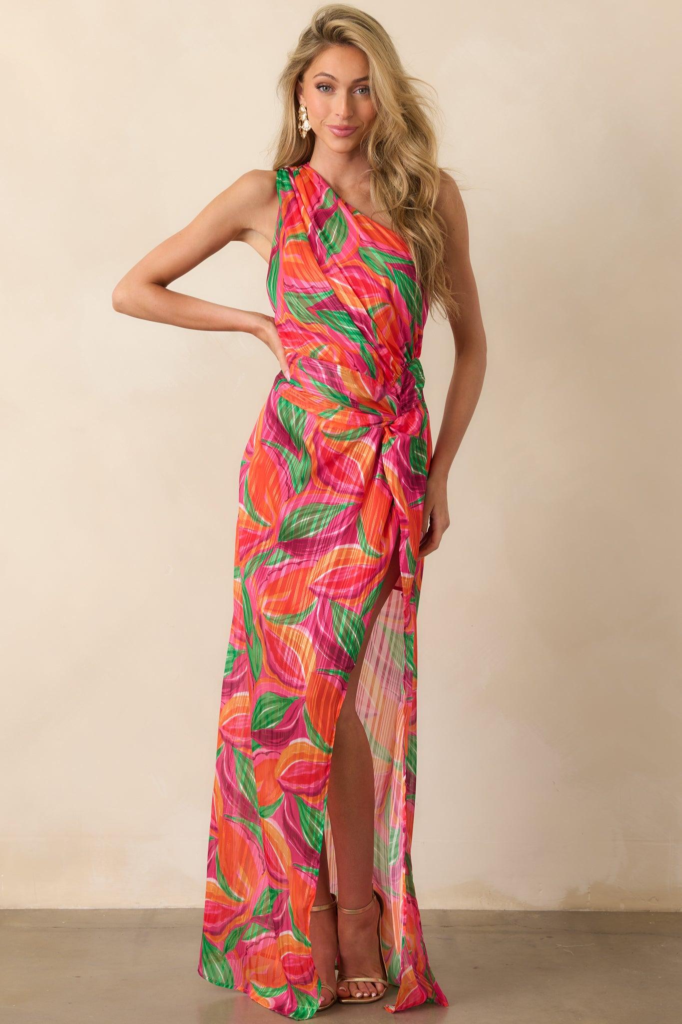 Shining Brighter Orange Multi Floral Print One Shoulder Maxi Dress Product Image