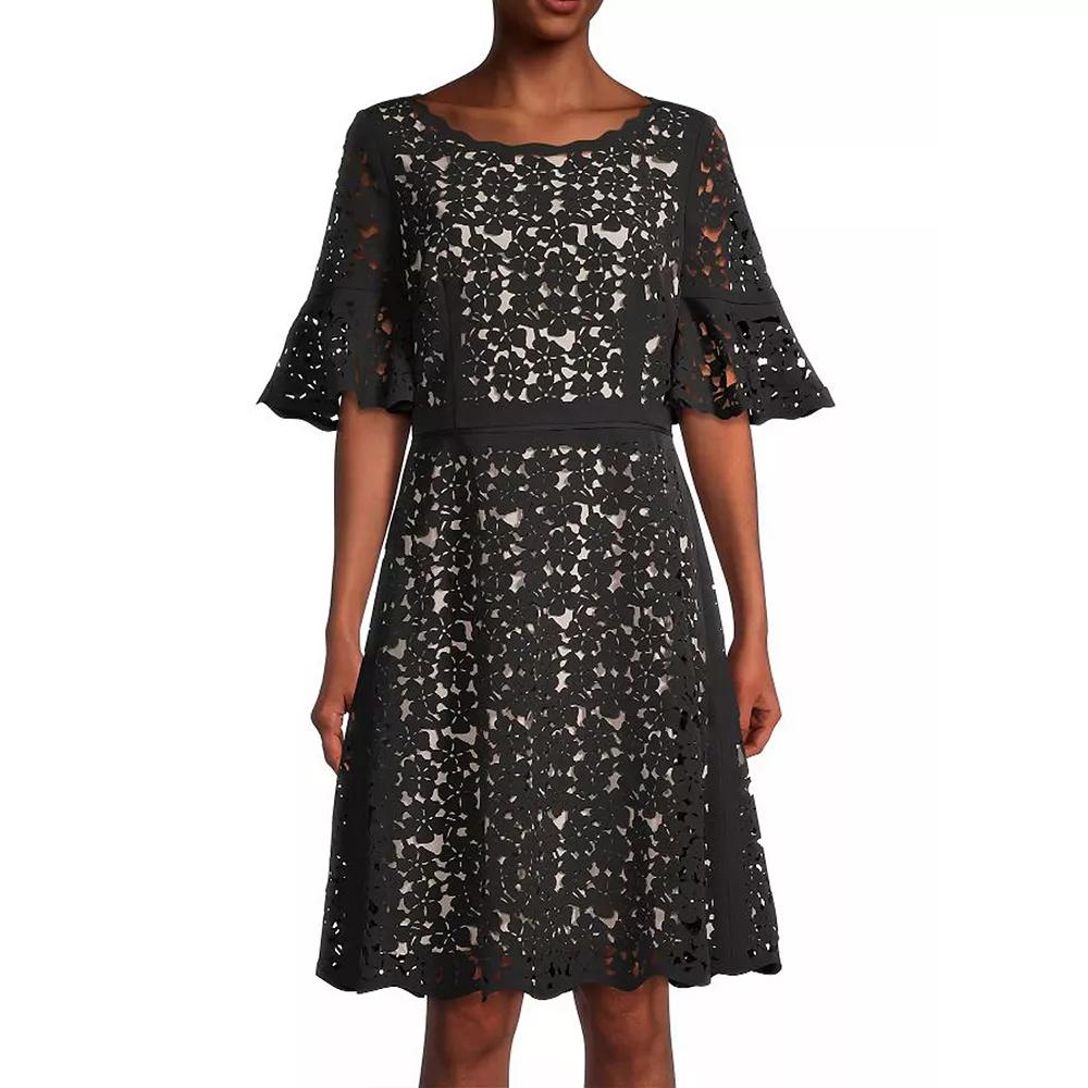 Women's Focus By Shani Fit & Flare Laser Cut Ruffle Sleeve Dress,  Product Image