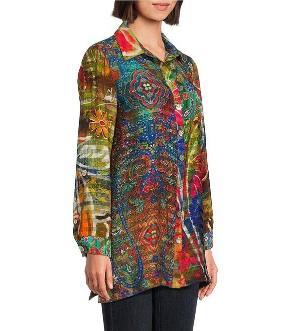 John Mark Paisley-Floral Printed Wire Collar 3/4 Sleeve Button-Front Tunic Product Image