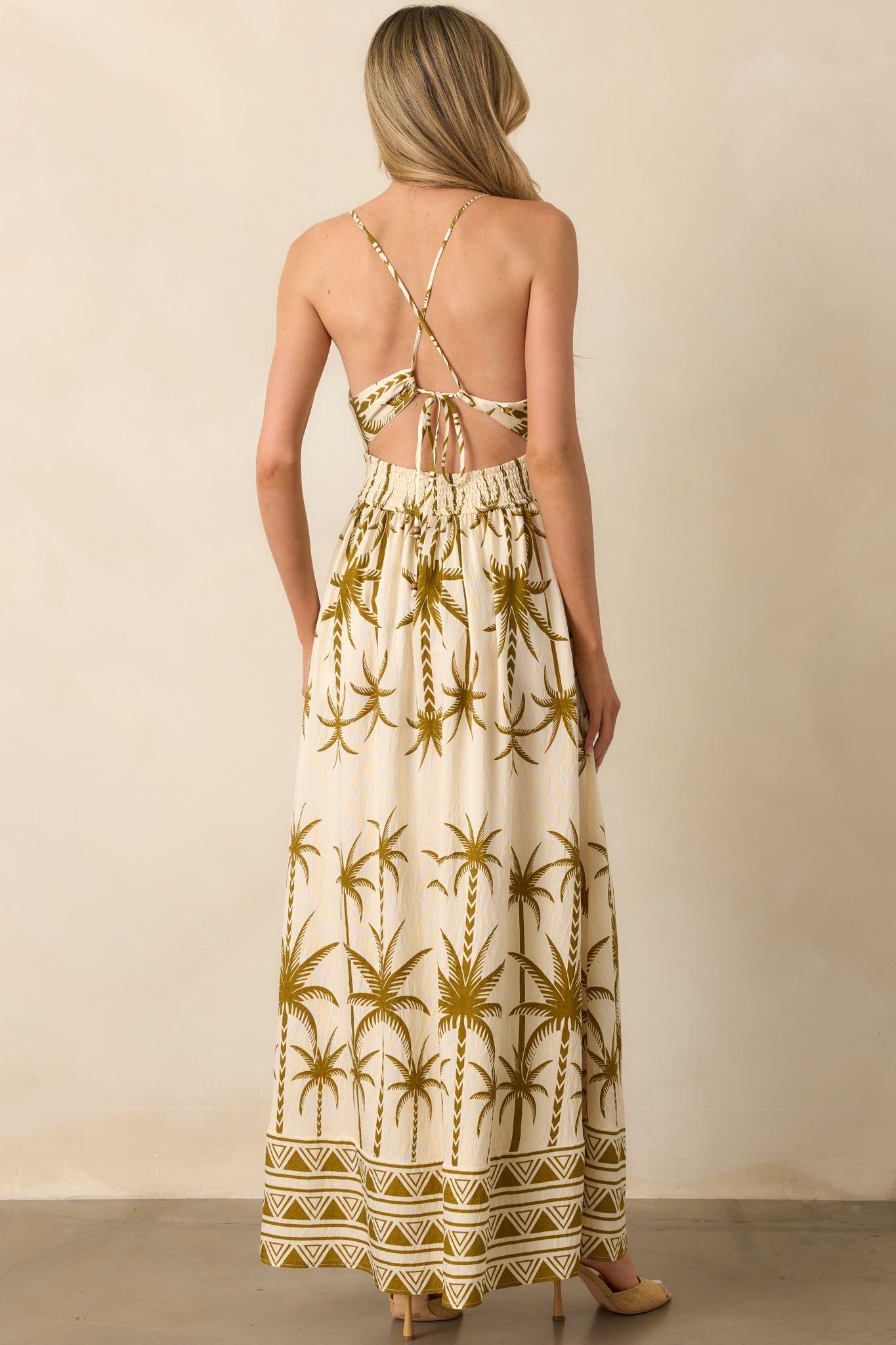 Found My Happy Place Tan Tropical Print Open Back Maxi Dress L / Tan Product Image