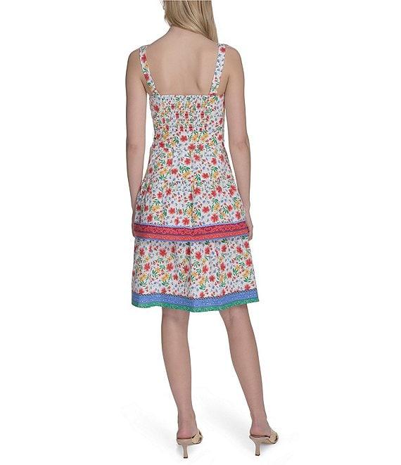 Eliza J Poplin Floral Print Square Neck Sleeveless Bow Tie Ruffle A-Line Dress Product Image