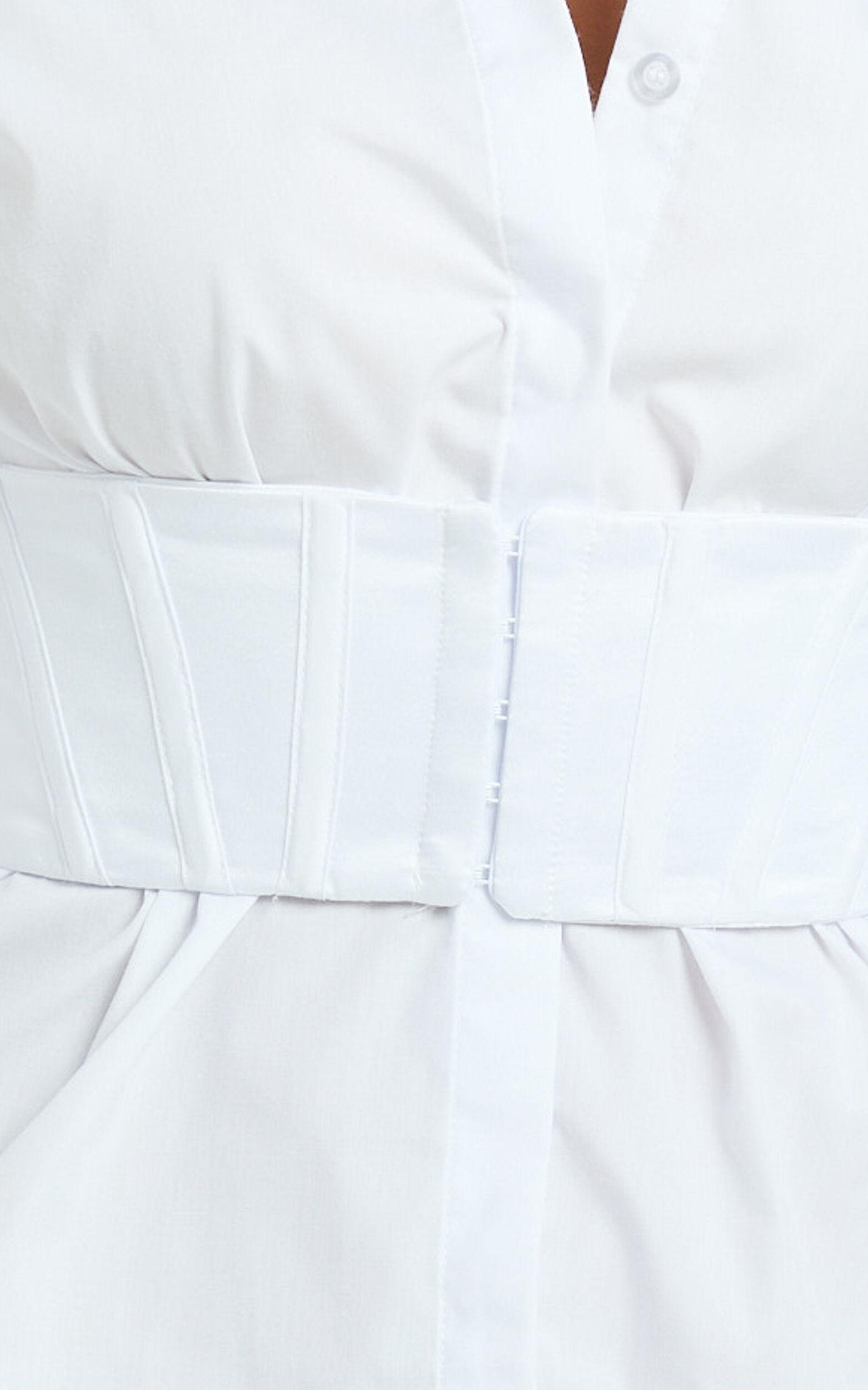 Athena Mini Dress - Collared Button Front Corset Waist Workwear Shirt Dress in White Product Image
