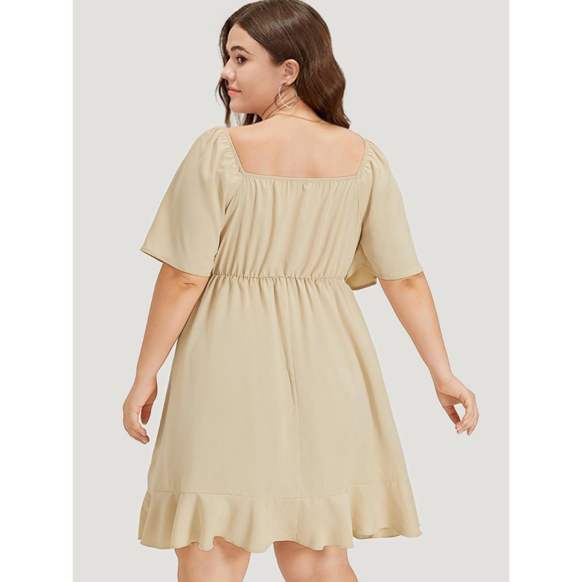 Plus Size Plain Ruffle Trim Pocket Elastic Waist Wrap Hem Dress Beige Women Elegant Pleated Deep V-neck Half Sleeve Curvy Knee Dress BloomChic 18-20/2X Product Image
