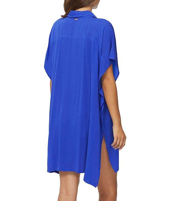 Raisins Solid Vacay Point Collar Button Front Shirt Swim Cover-Up Product Image