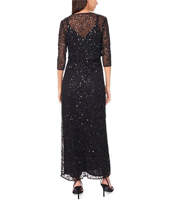 Pisarro Nights Beaded Mesh V-Neck 3/4 Sleeves A-Line 2-Piece Jacket Dress Product Image