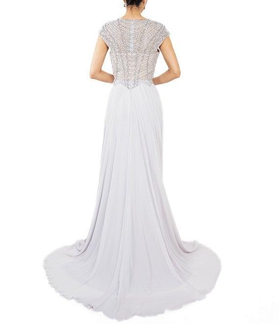 Terani Couture Beaded Chiffon Round Neck Cap Sleeves Lace Bodice A-Line Gown Product Image
