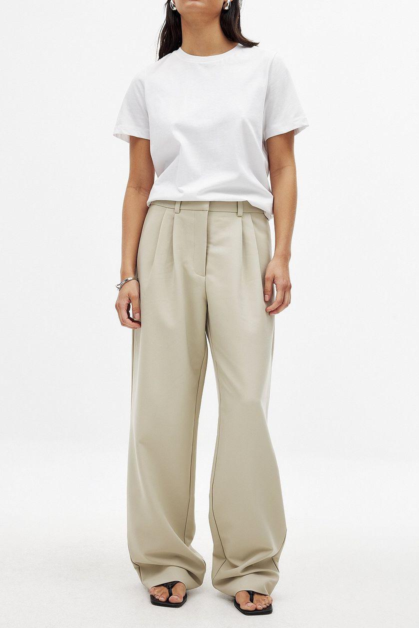 High Waist Pleated Wide Leg Pants Beige Product Image