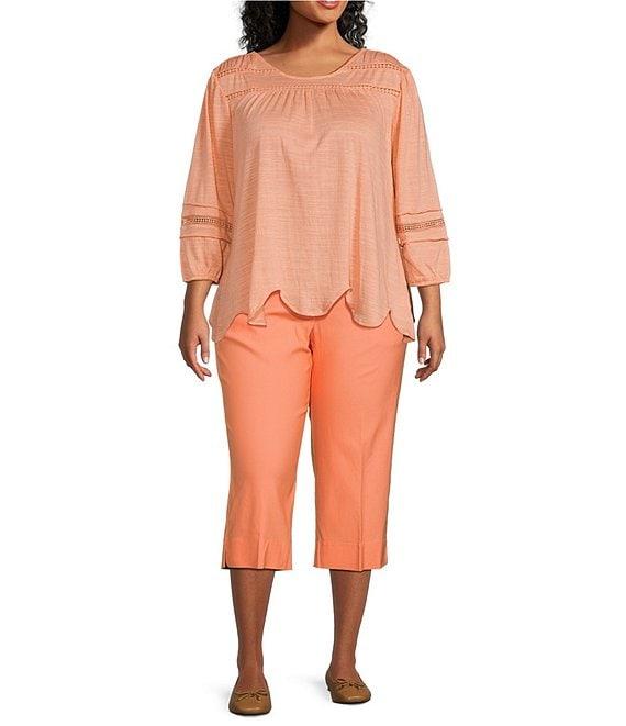 Ruby Rd. Plus Size Knit Scoop Neck 3/4 Bishop Sleeve Lace Trim Scallop Hem Top Product Image