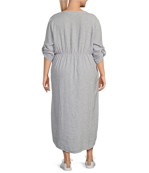 Westbound Plus Size Linen Blend Stripe 3/4 Rolled Sleeve Y-Neck Button Front Maxi Shirt Dress Product Image