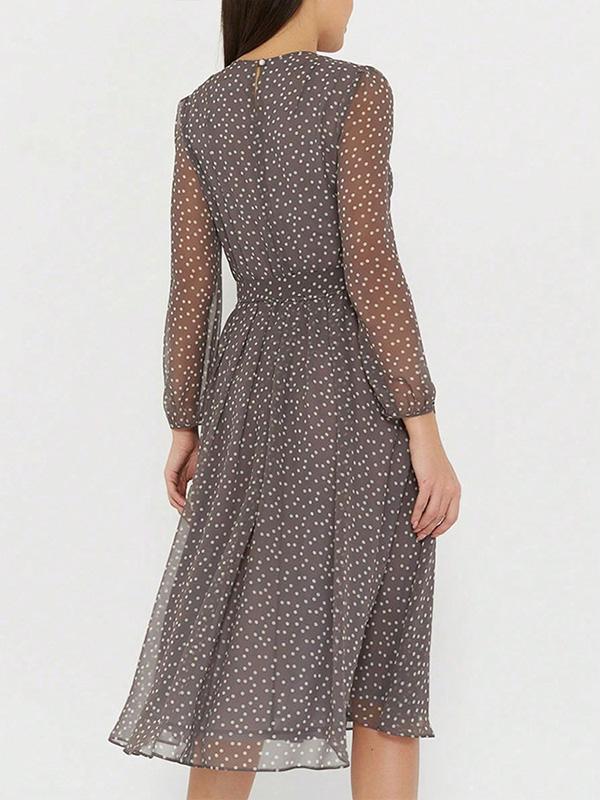 A-Line High Waisted Polka-Dot Tied Waist Round-Neck Midi Dresses Product Image