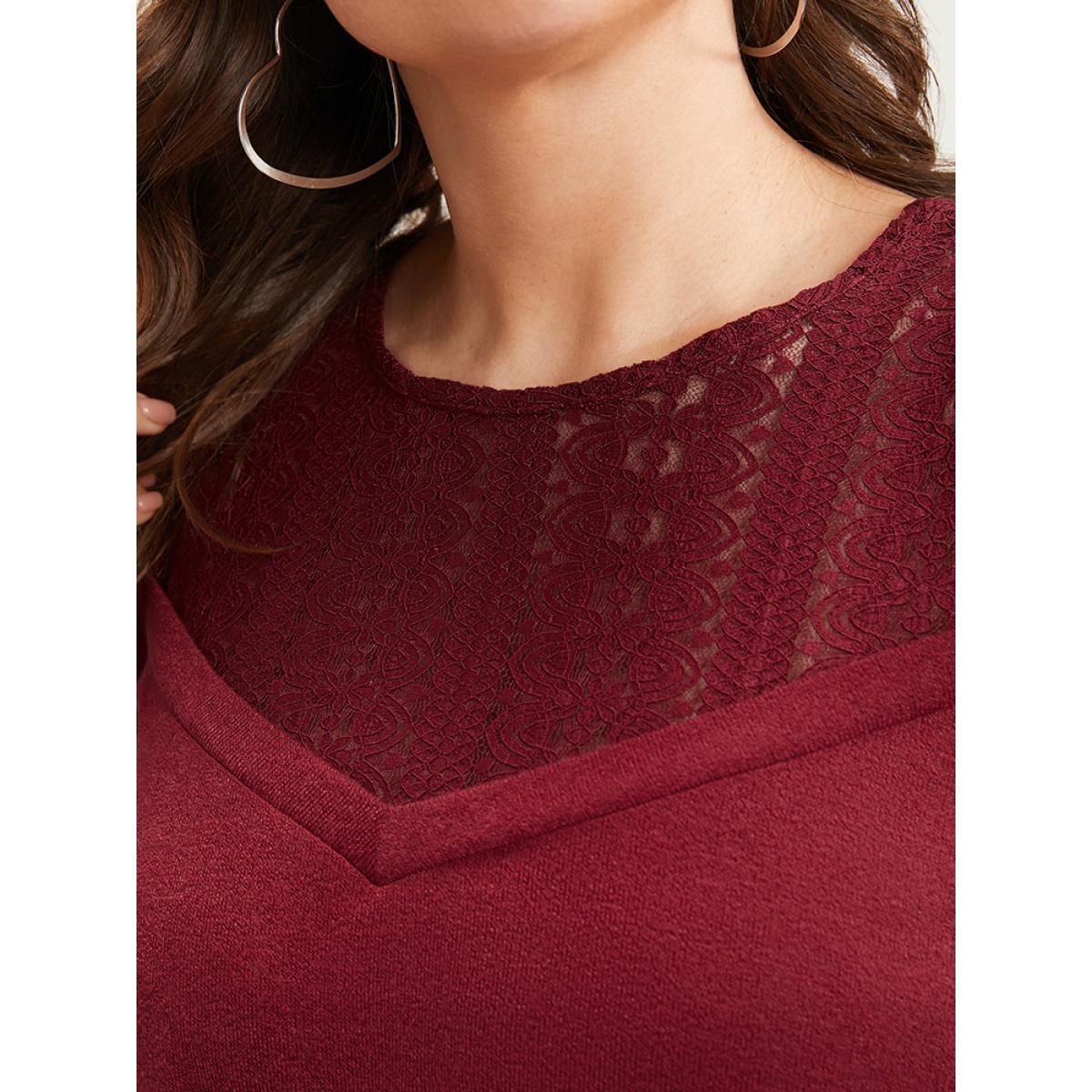 Plus Size Solid Lace Mesh Cold Shoulder Sweatshirt Women Burgundy Elegant See through Round Neck Dailywear Sweatshirts BloomChic 10/M Product Image