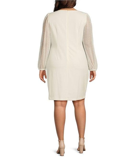Jessica Howard Plus Size Boat Neck Long Dotted Illusion Sleeve Scuba Crepe Sheath Dress Product Image