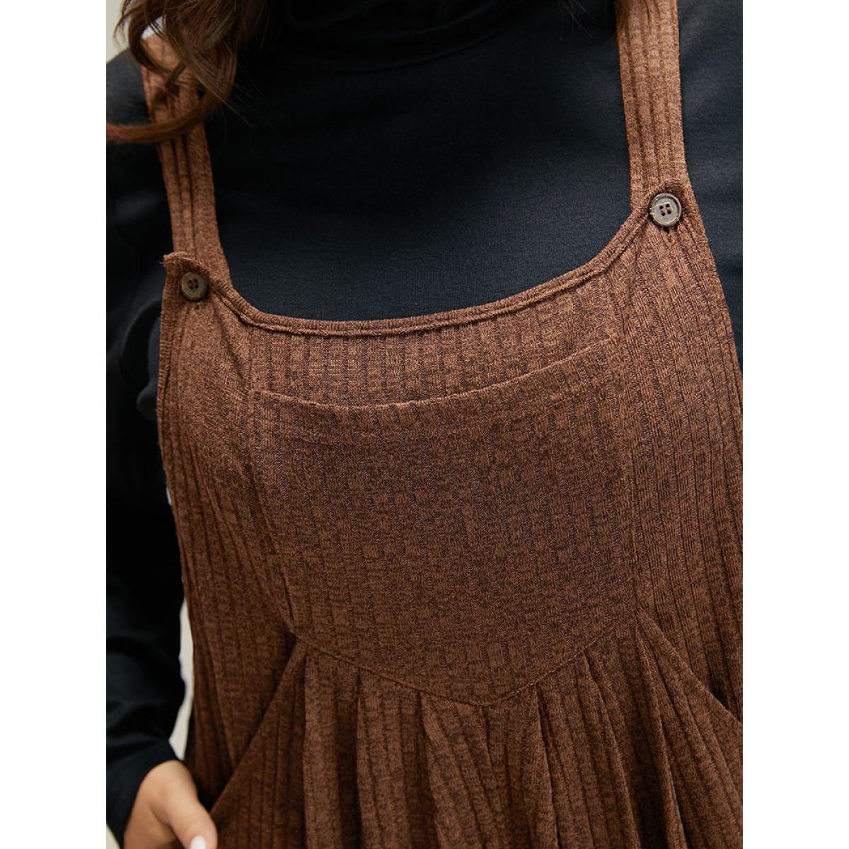 Plus Size DarkBrown Solid Pocket Pleated Adjustable Straps Jumpsuit Women Casual Sleeveless Spaghetti Strap Dailywear Loose Jumpsuits BloomChic 12/L Product Image