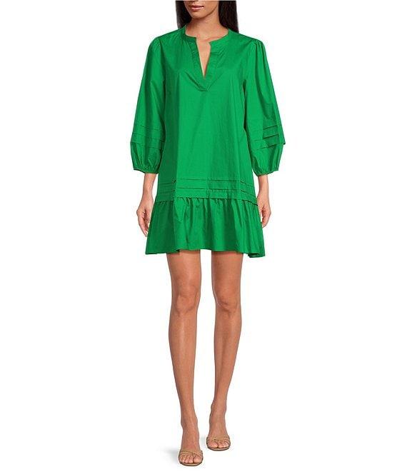 Sugarlips Velma Poplin Split V-Neck 3/4 Sleeve Ruffle Hem Mini Dress Product Image