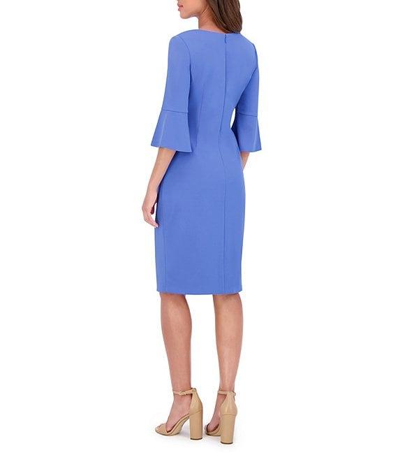 Kensie Stretch Boat Neck Mid Length Bell Sleeve Twist Waist Faux Wrap Skirt Sheath Dress Product Image