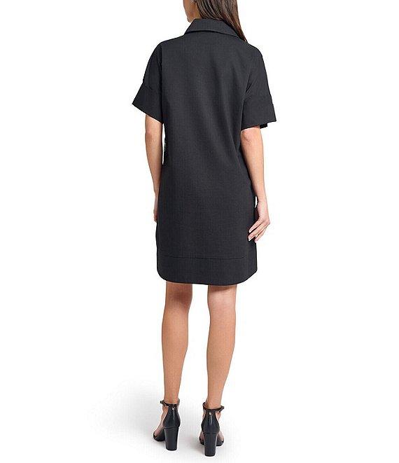Ming Wang Mixed-Media Two-Toned Lace Point Collar V-Neck Short Sleeve Dress Product Image