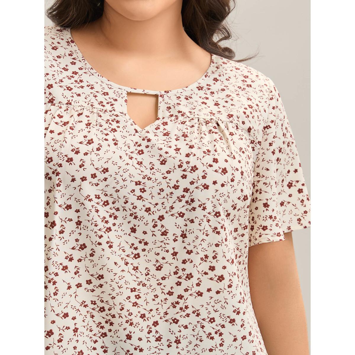 Plus Size Beige Ditsy Floral Print Lotus Leaf Sleeve Shirt Women Timeless Short sleeve Round Neck Elegant Blouses BloomChic 22-24/3X Product Image