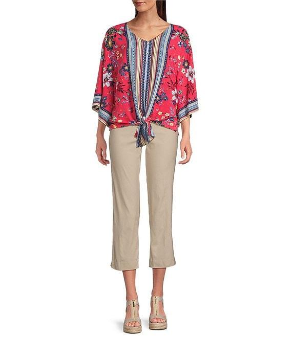 Ali Miles Petite Size Floral Print V-Neck 3/4 Sleeve Front Tie Tunic Product Image