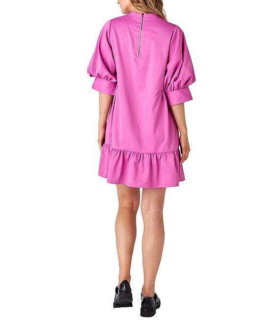 CROSBY by Mollie Burch Brixton Taffeta Mock Neck Short Balloon Sleeve Side Pocket Ruffle Shift Above the Knee Dress Product Image